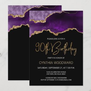 Purple Gold Agate 90th Birthday Party Invitation