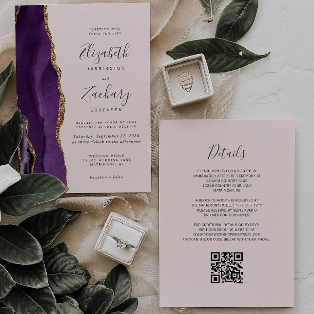 Purple Gold Agate Blush Pink QR Code Wedding Invitation (Creator Uploaded)