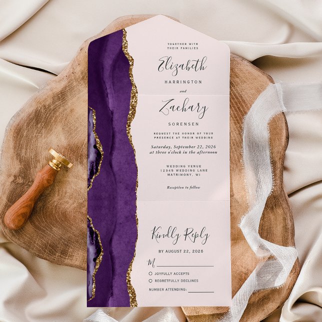 Purple Gold Agate Blush Pink Wedding All In One Invitation (Creator Uploaded)