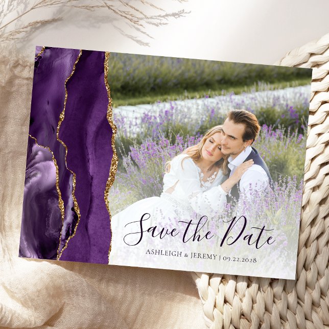 Purple Gold Agate Custom Photo Save the Date Postcard (Creator Uploaded)