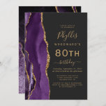 Purple Gold Agate Dark 80th Birthday Party Invitation<br><div class="desc">The left-hand edge of this elegant modern birthday party invitation features a purple watercolor agate border trimmed with gold faux glitter. The customisable text combines gold-coloured handwriting,  copperplate and italic fonts on a slate black background. The reverse side features a matching purple and gold agate design.</div>