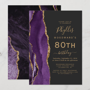 Purple Gold Agate Dark 80th Birthday Party Invitation