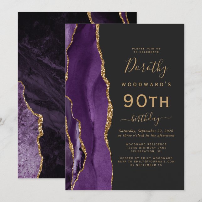Purple Gold Agate Dark 90th Birthday Party Invitation (Front/Back)