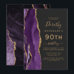 Purple Gold Agate Dark 90th Birthday Party Invitation<br><div class="desc">The left-hand edge of this elegant modern birthday party invitation features a purple watercolor agate border trimmed with gold faux glitter. The customisable text combines gold-coloured handwriting,  copperplate and italic fonts on a slate black background. The reverse side features a matching purple and gold agate design.</div>
