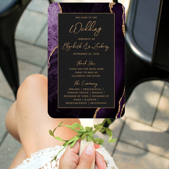 Purple Gold Agate Dark Script Wedding Program Hand Fan (Creator Uploaded)