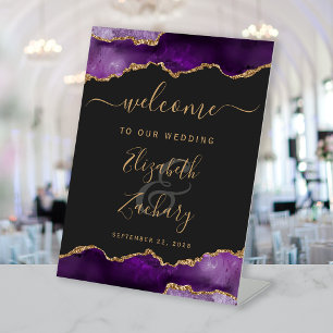 Purple Gold Agate Dark Wedding Welcome Pedestal Sign