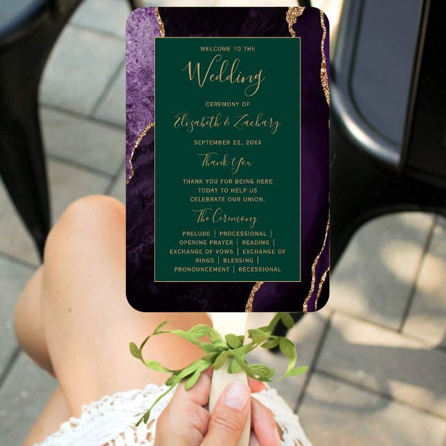 Purple Gold Agate Emerald Green Wedding Program Hand Fan (Creator Uploaded)