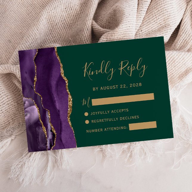 Purple Gold Agate Emerald Green Wedding RSVP Card (Creator Uploaded)