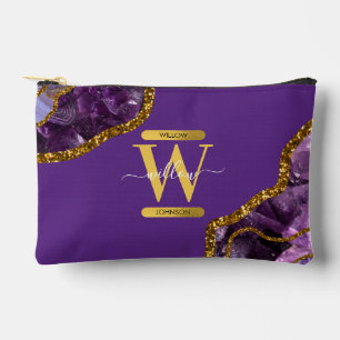 Purple & Gold Agate Geode Glitter Monogram Accessory Pouch