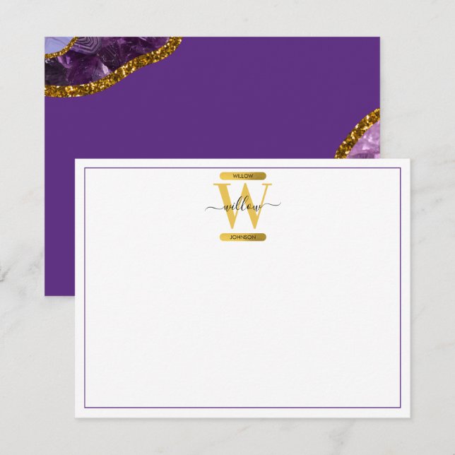 Purple & Gold Agate Geode Glitter Monogram  Card (Front/Back)
