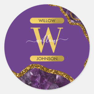 Purple & Gold Agate Geode Glitter Monogram  Classic Round Sticker