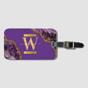 Purple & Gold Agate Geode Glitter Monogram Luggage Tag