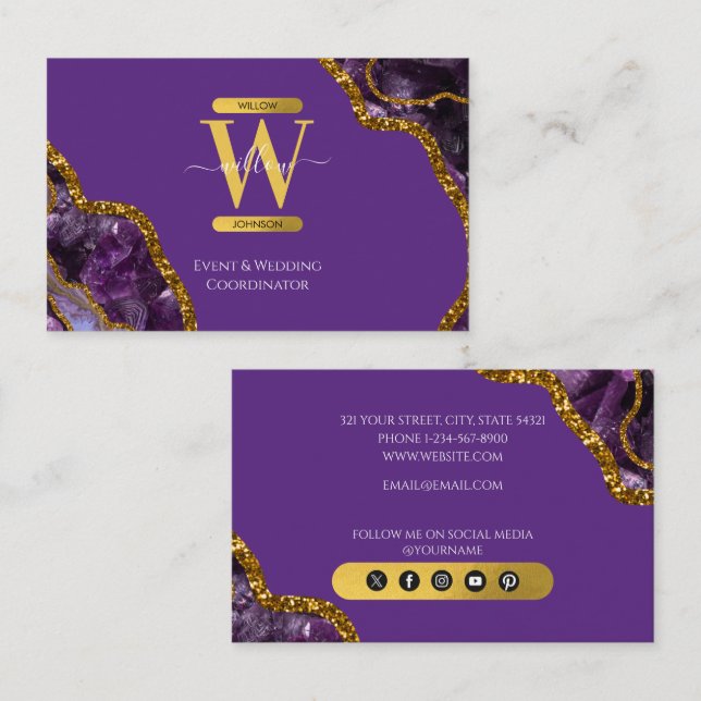 Purple & Gold Agate Geode Glitter Monogram Marble  Business Card (Front/Back)