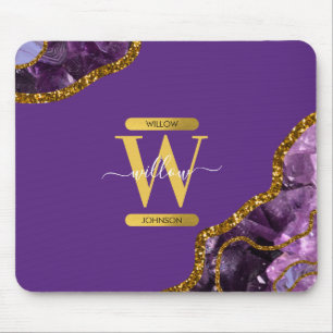 Purple & Gold Agate Geode Glitter Monogram Mouse Mat
