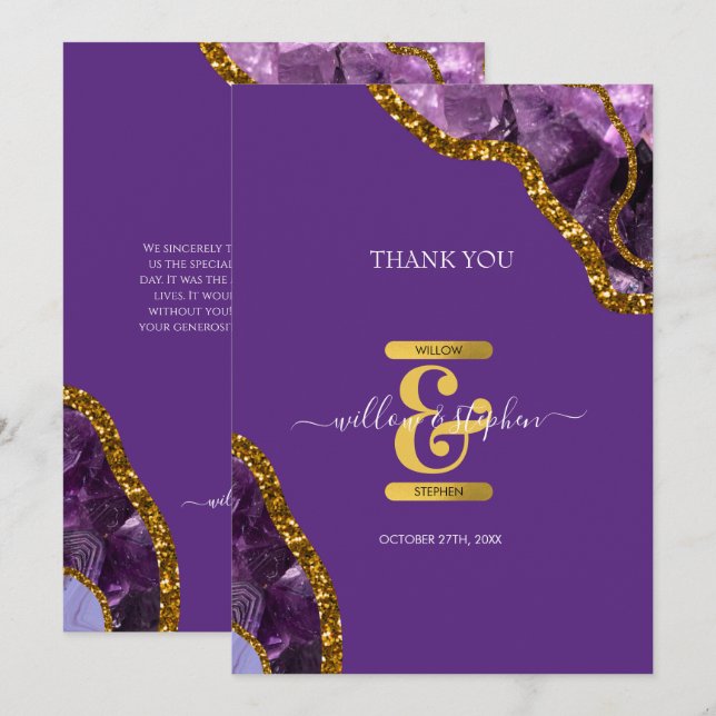 Purple & Gold Agate Geode Glitter Wedding Thank You Card (Front/Back)