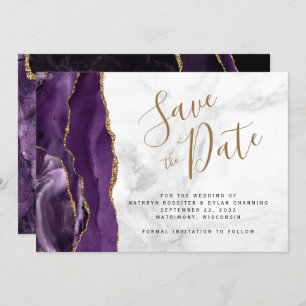 Purple Gold Agate Grey Marble Save the Date Card