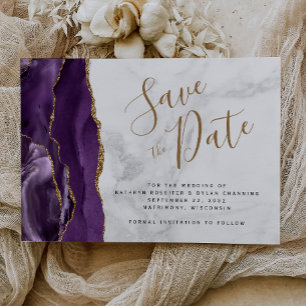 Purple Gold Agate Grey Marble Save the Date Card