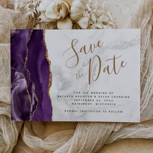 Purple Gold Agate Grey Marble Save the Date Card (Creator Uploaded)
