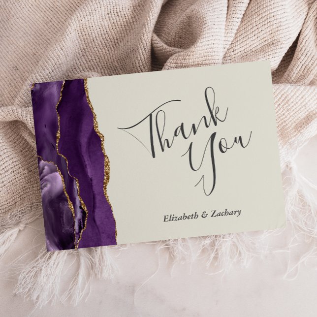 Purple Gold Agate Ivory Wedding Flat Thank You Card (Creator Uploaded)