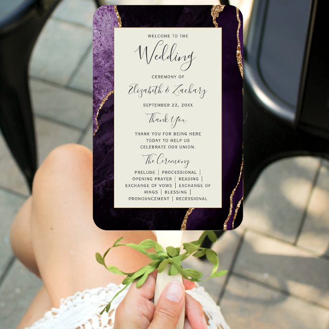 Purple Gold Agate Ivory Wedding Program Hand Fan (Creator Uploaded)
