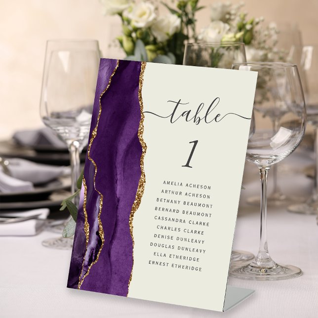 Purple Gold Agate Ivory Wedding Table Number Pedestal Sign (Creator Uploaded)