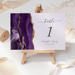 Purple Gold Agate Lavender Wedding Table Number<br><div class="desc">The left-hand edge of this elegant modern wedding table number card features a purple watercolor agate border trimmed with faux gold glitter. The customisable text combines charcoal grey handwriting,  and italic and copperplate fonts on a lavender background.</div>