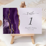 Purple Gold Agate Lavender Wedding Table Number<br><div class="desc">The left-hand edge of this elegant modern wedding table number card features a purple watercolor agate border trimmed with faux gold glitter. The customisable text combines charcoal grey handwriting,  and italic and copperplate fonts on a lavender background.</div>