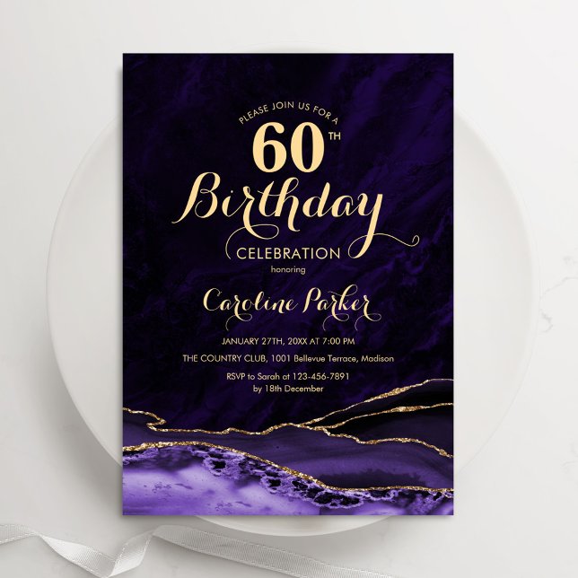 Purple Gold Agate Marble 60th Birthday Invitation (Creator Uploaded)