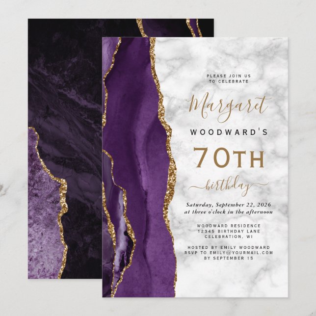 Purple Gold Agate Marble 70th Birthday Party Invitation (Front/Back)