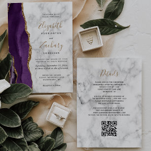 Purple Gold Agate Marble QR Code Wedding Invitation