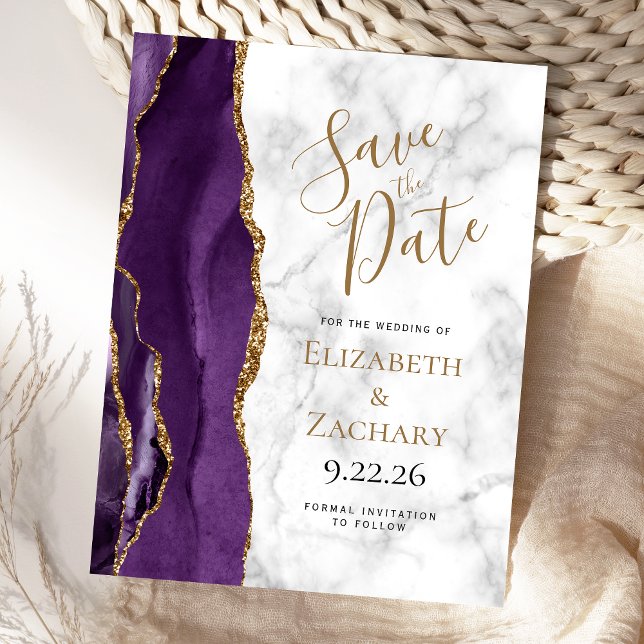 Purple Gold Agate Marble Save the Date Announcement Postcard (Creator Uploaded)
