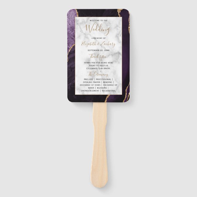 Purple Gold Agate Marble Wedding Program Hand Fan (Front)