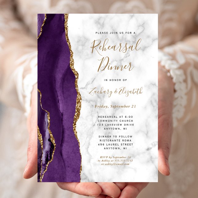  Purple Gold Agate Marble Wedding Rehearsal Dinner Invitation (Creator Uploaded)
