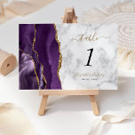 Purple Gold Agate Marble Wedding Table Number<br><div class="desc">The left-hand edge of this elegant modern wedding table number card features a purple watercolor agate border trimmed with faux gold glitter. The customisable text combines black and gold handwriting,  italic and copperplate fonts on a grey and white marble background.</div>