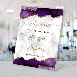 Purple Gold Agate Marble Wedding Welcome Pedestal Sign