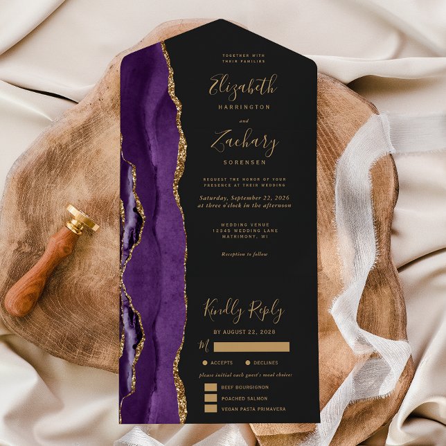 Purple Gold Agate Meal Options Dark Wedding All In One Invitation (Creator Uploaded)