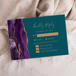 Purple Gold Agate Meal Options Teal Wedding RSVP Card