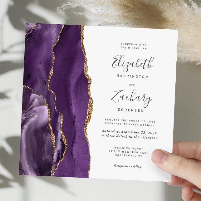 Purple Gold Agate Modern Blush Square Wedding Invitation (Creator Uploaded)