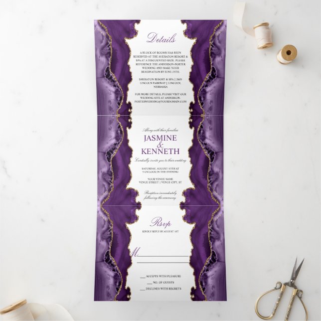 Purple & Gold Agate on White Wedding Tri-Fold Invitation (Inside)