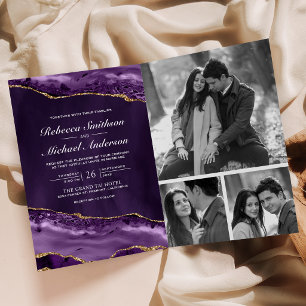 Purple Gold Agate Photo Collage QR Code Wedding Invitation