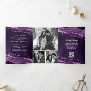 Purple Gold Agate Photo Collage QR Code Wedding Tri-Fold Invitation