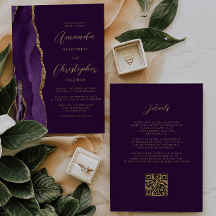 Purple Gold Agate Plum QR Code Wedding Invitation
