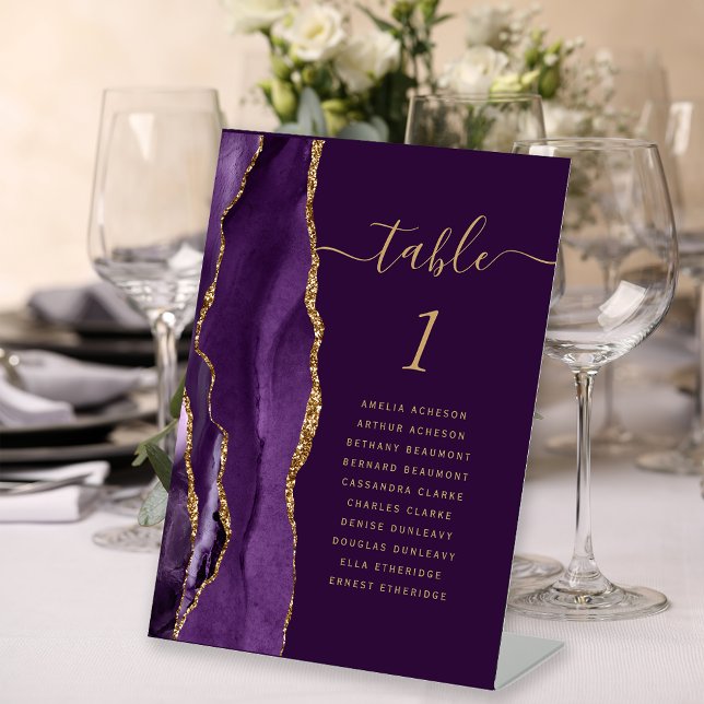 Purple Gold Agate Script Plum Wedding Table Number Pedestal Sign (Creator Uploaded)