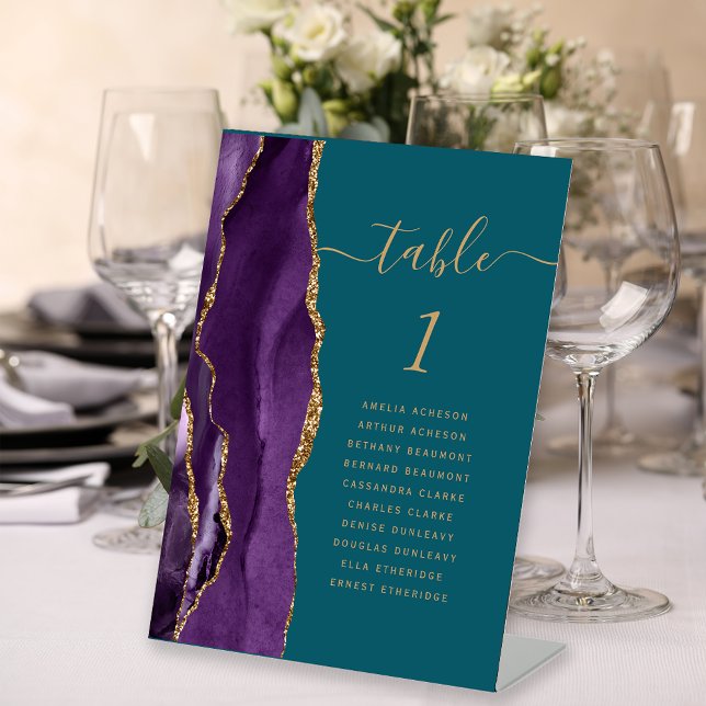 Purple Gold Agate Script Teal Wedding Table Number Pedestal Sign (Creator Uploaded)