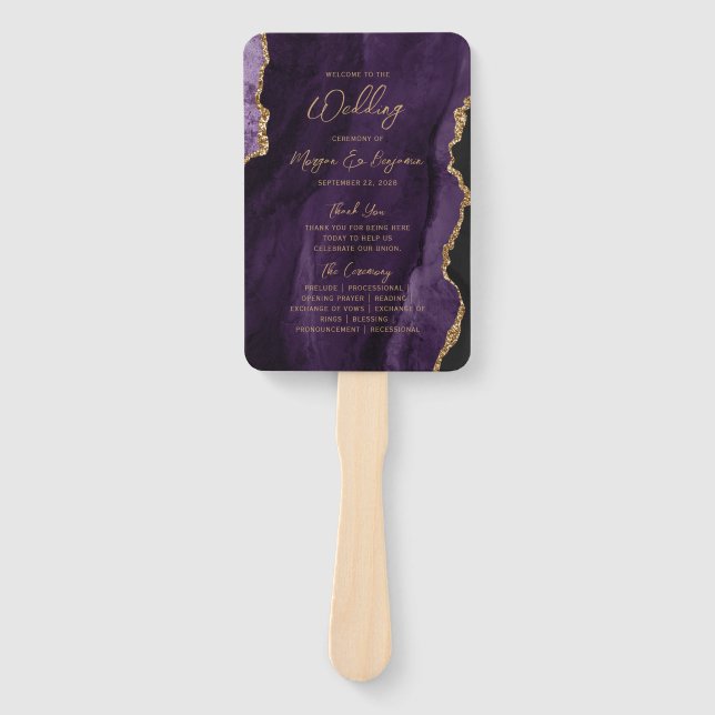 Purple Gold Agate Script Wedding Program Hand Fan (Front)