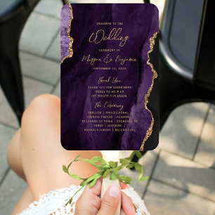 Purple Gold Agate Script Wedding Program Hand Fan