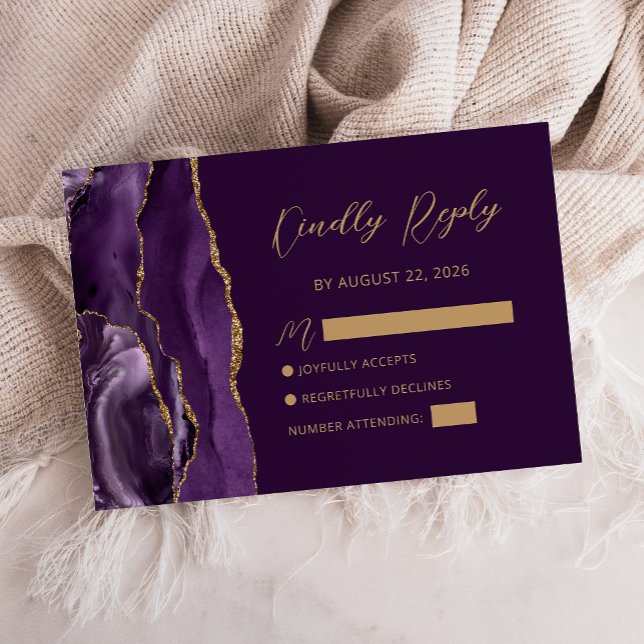 Purple Gold Agate Script Wedding RSVP Card (Creator Uploaded)