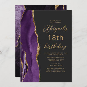 Purple Gold Agate Slate Script 18th Birthday Invitation