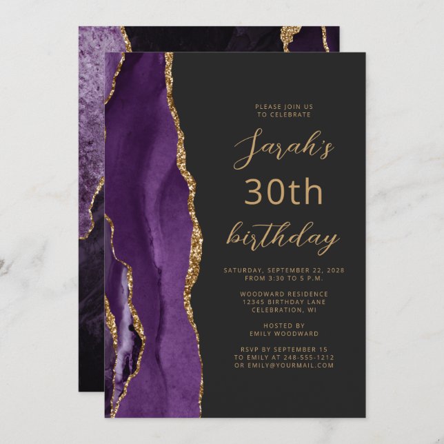 Purple Gold Agate Slate Script 30th Birthday Invitation (Front/Back)