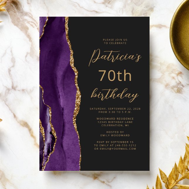 Purple Gold Agate Slate Script 70th Birthday Invitation (Creator Uploaded)
